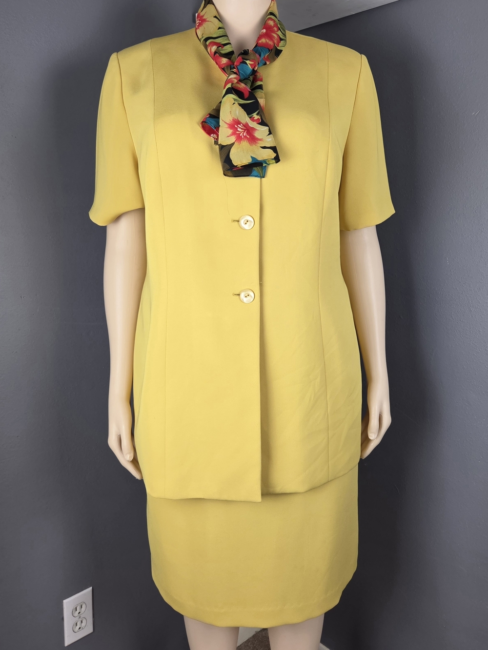 Kasper Yellow Short Sleeve Skirt Suit with Floral Scarf